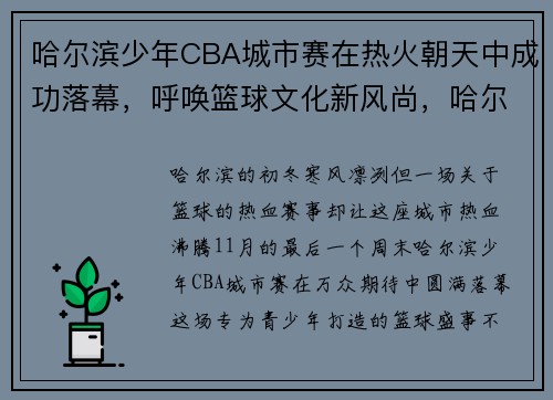 哈尔滨少年CBA城市赛在热火朝天中成功落幕，呼唤篮球文化新风尚，哈尔滨少年篮球俱乐部