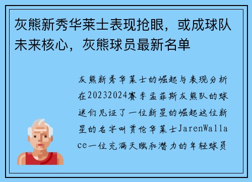 灰熊新秀华莱士表现抢眼，或成球队未来核心，灰熊球员最新名单