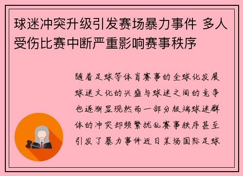 球迷冲突升级引发赛场暴力事件 多人受伤比赛中断严重影响赛事秩序