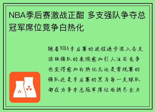 NBA季后赛激战正酣 多支强队争夺总冠军席位竞争白热化